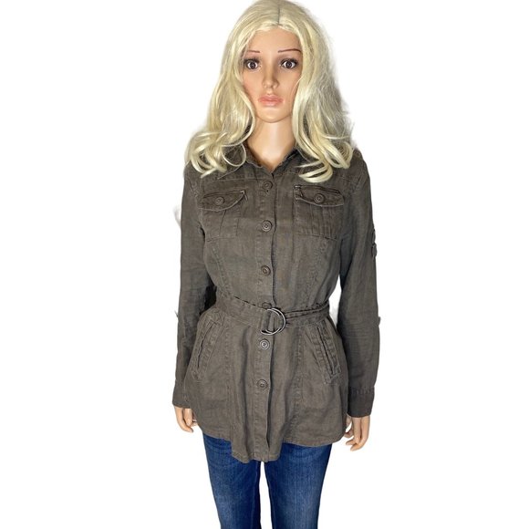 CAbi Jackets & Blazers - CAbi Utility Sahara Jacket 100% Linen Khaki Brown #856 Size M Button Front Belt